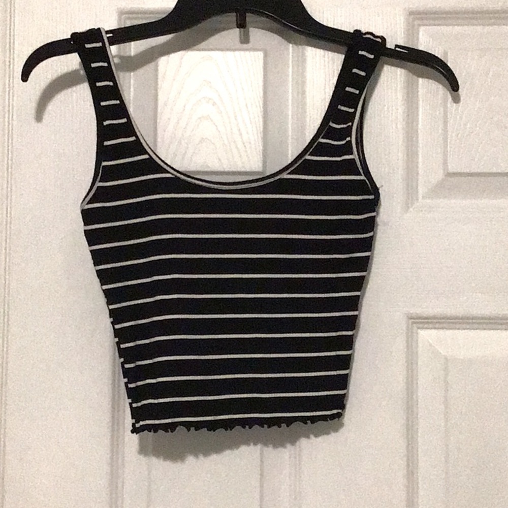 Papaya black and white striped tank top, cropped, lettuce hem, size medium